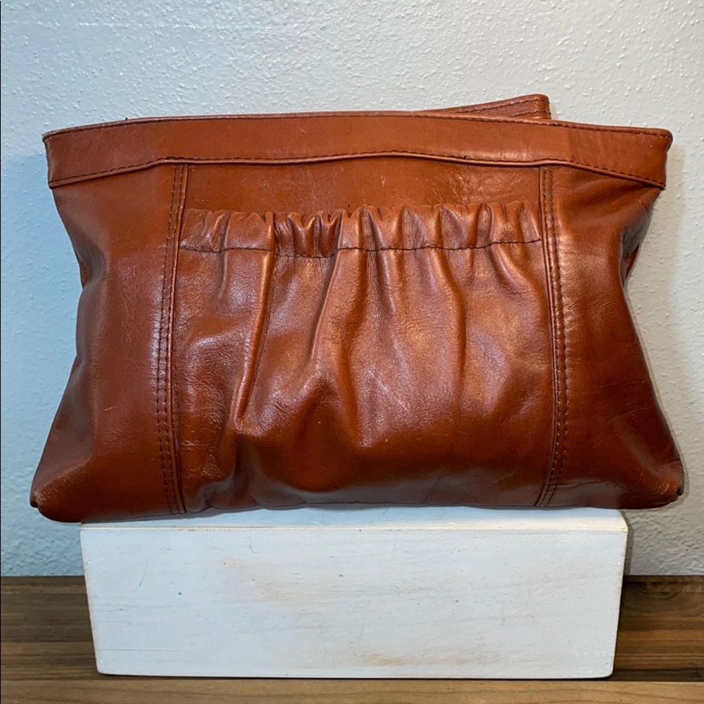 B Young Cognac Leather Wristlet Clutch Pleats Boho  Neutral Cowgirl Festival GUC